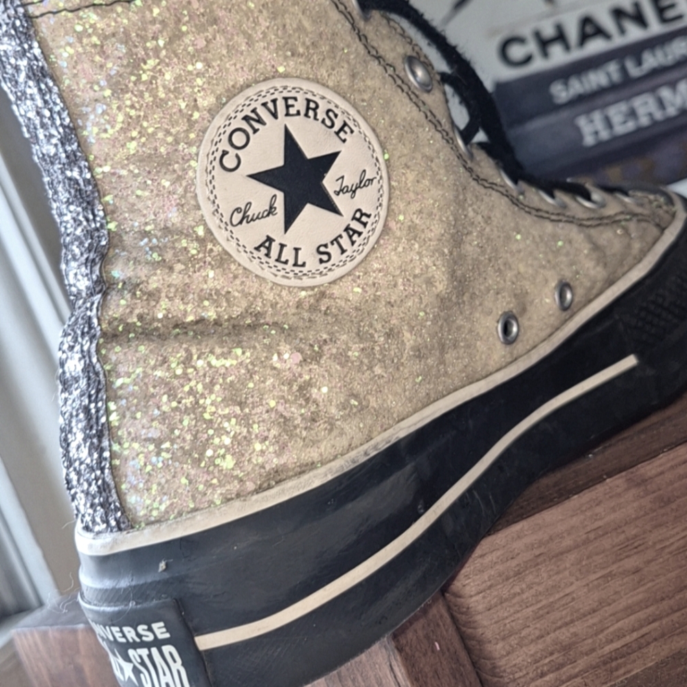 Custom Converse Glittery Silver White Black. Platform. High-Tops